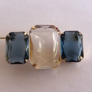 AVON Blue Clear 3 Glass Rhinestones Brooch Bar Pin GT Vtg Retro 80s 90s Big Bold